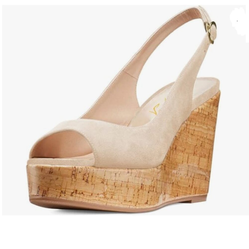 FOWT Apricot Peep Toe Slingback Platform Wedge Sandals High Heel Cork Sole Shoes